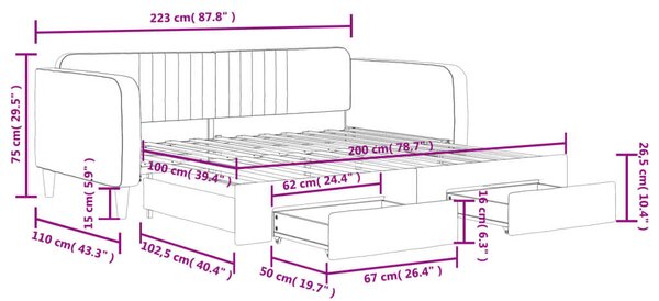 VidaXL világosszürke kihúzható bársony heverő fiókkal 100 x 200 cm