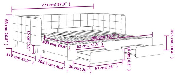 VidaXL Kihúzható Heverőágy - Bársony - 100x200 cm