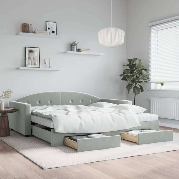 VidaXL világosszürke kihúzható bársony heverő fiókkal 100 x 200 cm
