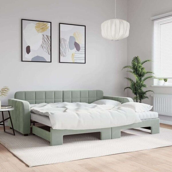 VidaXL világosszürke kihúzható bársony heverő matraccal 90 x 190 cm