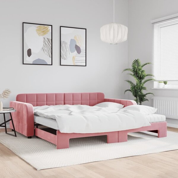 VidaXL rózsaszín kihúzható bársony heverő matraccal 100 x 200 cm