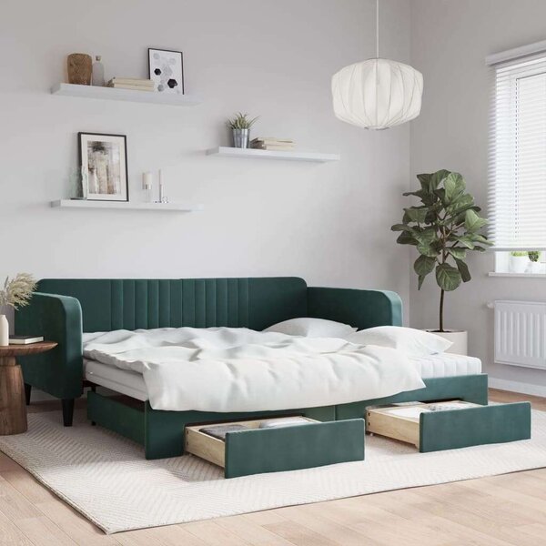 VidaXL sötétzöld kihúzható bársony heverő fiókkal 100 x 200 cm