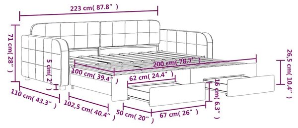 VidaXL kék kihúzható bársony heverő fiókkal 100 x 200 cm