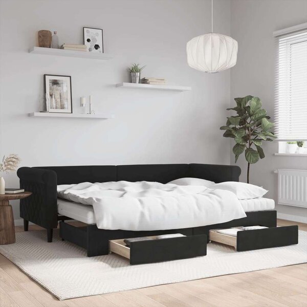 VidaXL fekete kihúzható bársony heverő fiókkal 80 x 200 cm