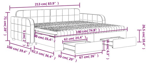 VidaXL világosszürke kihúzható bársony heverő fiókkal 90 x 190 cm
