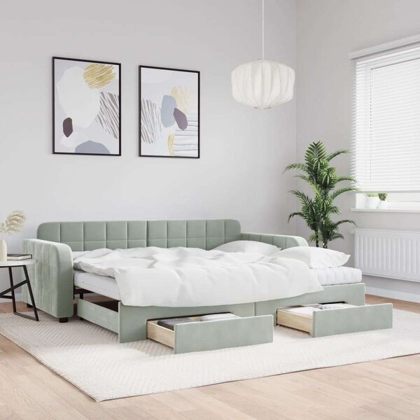 VidaXL világosszürke kihúzható bársony heverő fiókkal 90 x 190 cm