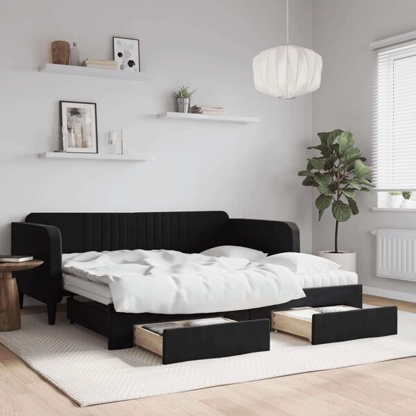 VidaXL fekete kihúzható bársony heverő fiókkal 90 x 190 cm