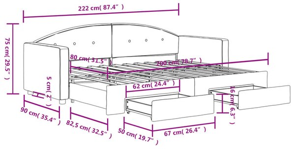 Fekete kihúzható bársony heverő fiókkal 80 x 200 cm