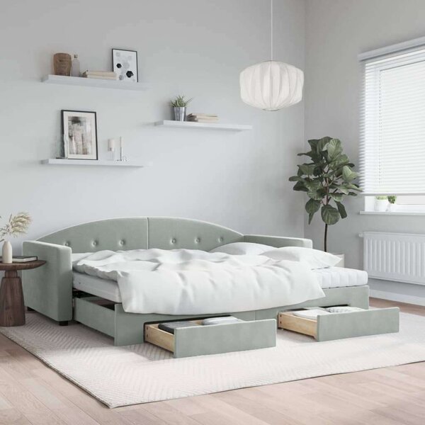 VidaXL világosszürke kihúzható bársony heverő fiókkal 90 x 190 cm