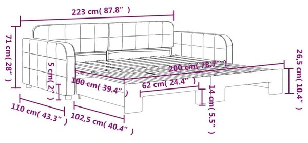 VidaXL világosszürke kihúzható bársony heverő 100 x 200 cm