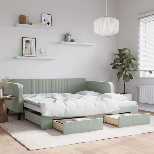 VidaXL világosszürke kihúzható bársony heverő fiókkal 100 x 200 cm