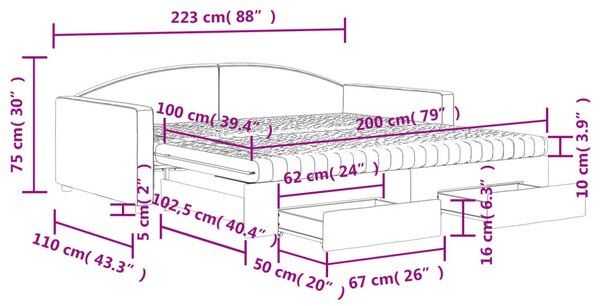 VidaXL sötétszürke kihúzható szövetheverő fiókokkal 100 x 200 cm