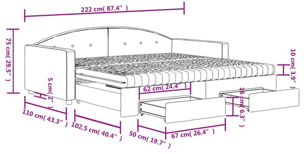 VidaXL fekete kihúzható bársony heverő fiókkal 100 x 200 cm