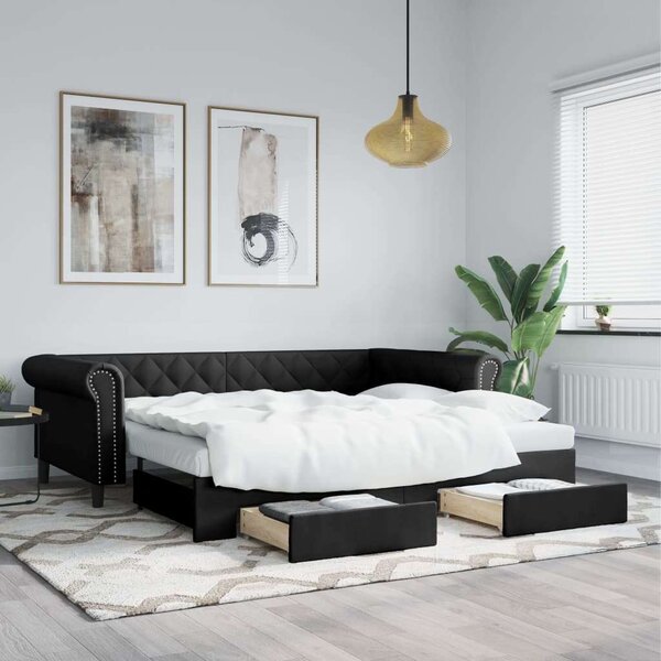 VidaXL fekete kihúzható műbőr heverő fiókkal 90 x 200 cm