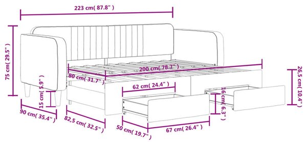 Fekete kihúzható bársony heverő fiókkal 80 x 200 cm