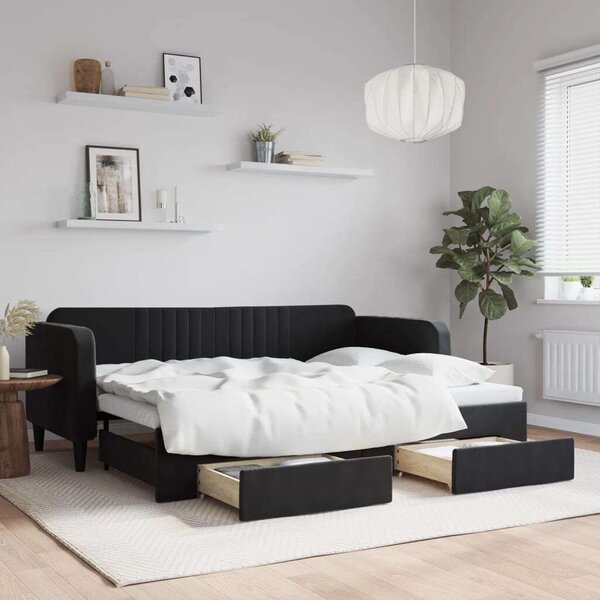 Fekete kihúzható bársony heverő fiókkal 80 x 200 cm