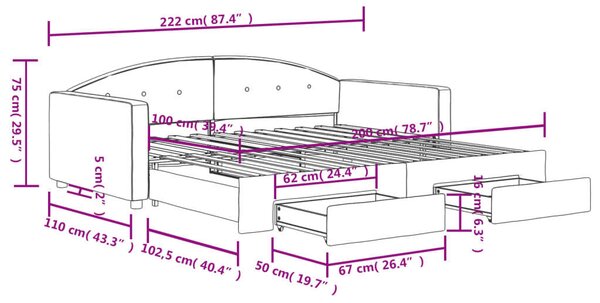 Fekete kihúzható bársony heverő fiókkal 100 x 200 cm