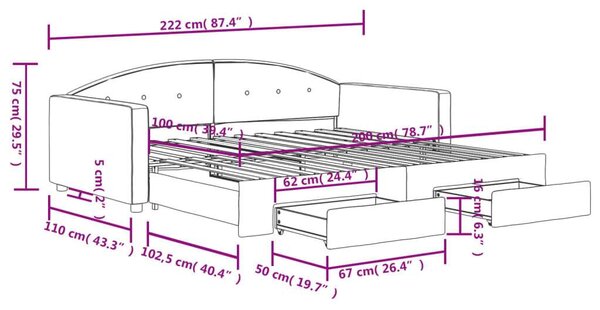 Kék kihúzható bársony heverő fiókkal 100 x 200 cm