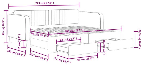 Fekete kihúzható bársony heverő fiókkal 90 x 200 cm