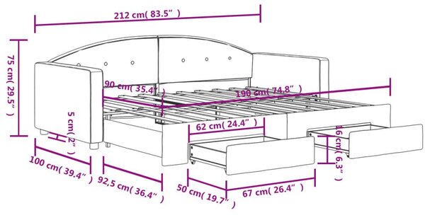 Fekete kihúzható bársony heverő fiókkal 90 x 190 cm