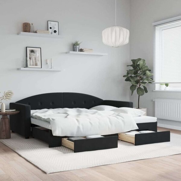 Fekete kihúzható bársony heverő fiókkal 90 x 200 cm
