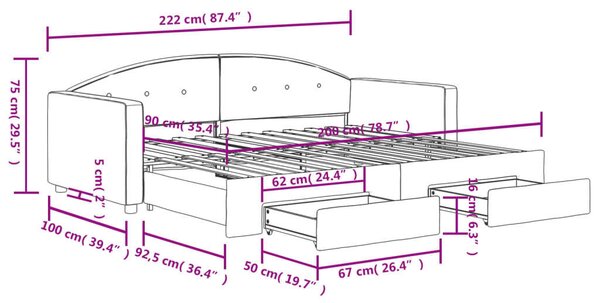 Fekete kihúzható bársony heverő fiókkal 90 x 200 cm