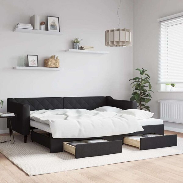 Fekete kihúzható szövet heverő fiókokkal 90 x 200 cm