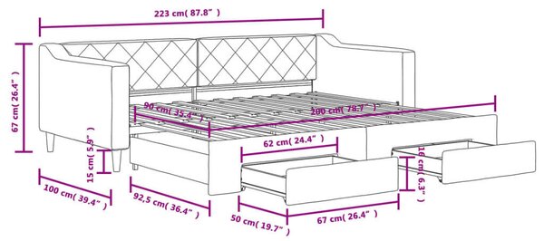 Sötétszürke kihúzható szövet heverő fiókokkal 90 x 200 cm
