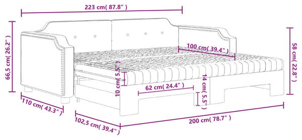 Fekete kihúzható szövet heverő matracokkal 100 x 200 cm