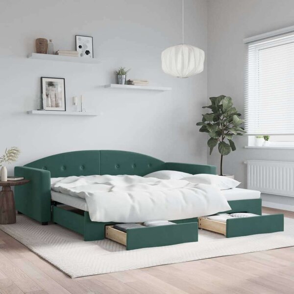 Sötétzöld kihúzható bársony heverő fiókkal 100 x 200 cm