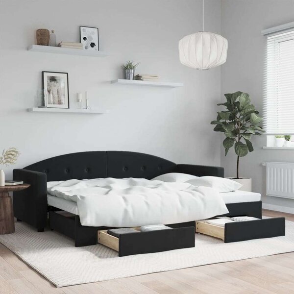 Fekete kihúzható bársony heverő fiókkal 80 x 200 cm