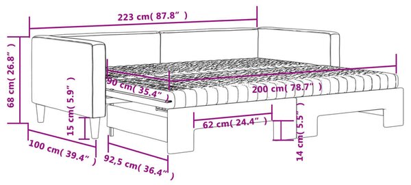 Világosszürke kihúzható szövet heverő matracokkal 90 x 200 cm