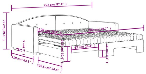 Kék bársony kihúzható heverő matraccal 100 x 200 cm