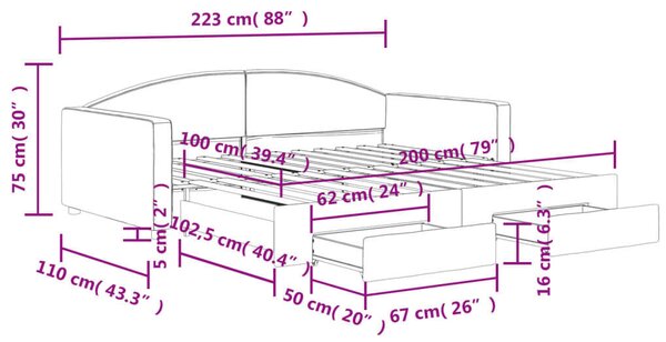 Világosszürke kihúzható szövet heverő fiókokkal 100 x 200 cm