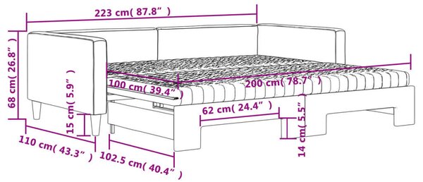 Világosszürke kihúzható szövet heverő matracokkal 100 x 200 cm