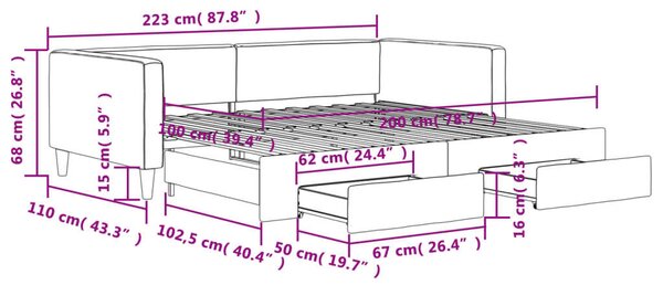 Világosszürke kihúzható szövet heverő fiókokkal 100 x 200 cm