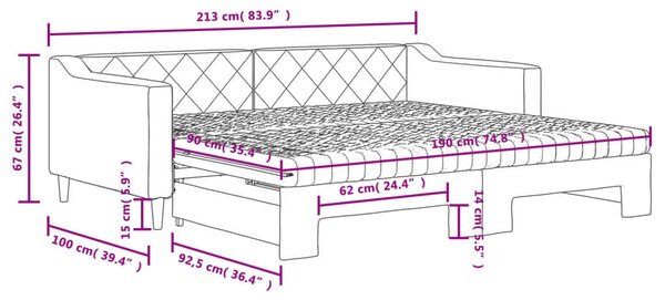 Sötétszürke kihúzható szövet heverő matracokkal 90 x 190 cm