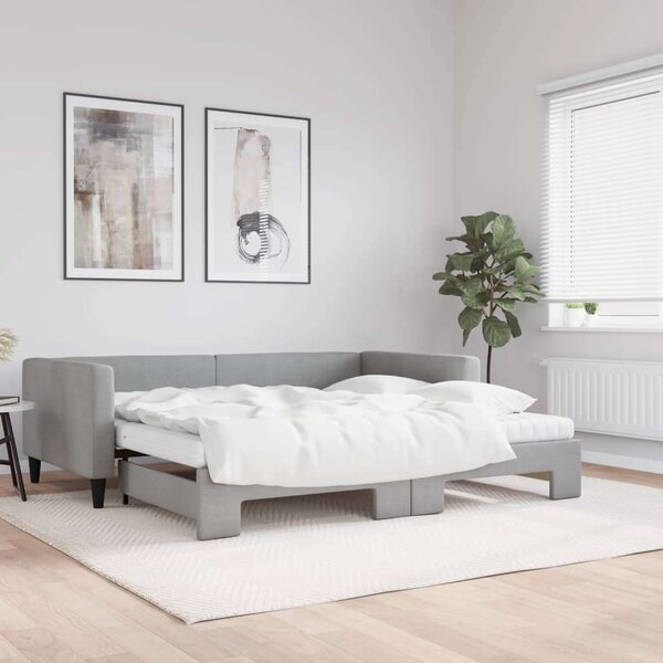 Világosszürke kihúzható szövet heverő matracokkal 100 x 200 cm
