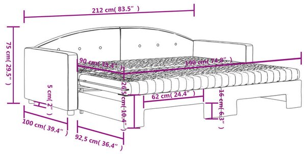 Fekete kihúzható bársony heverő matracokkal 90 x 190 cm