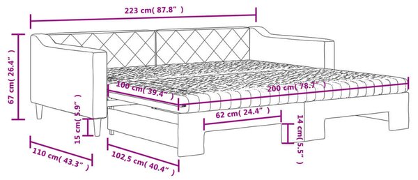 Fekete kihúzható szövet heverő matracokkal 100 x 200 cm