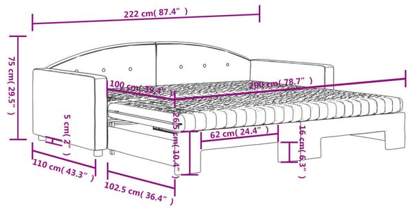 Fekete kihúzható bársony heverő matraccal 100 x 200 cm