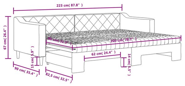 Világosszürke kihúzható szövet heverő matracokkal 80 x 200 cm