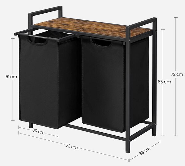 BERGEN ruháskosár polccal, 2x46l, fekete/barna Vasagle
