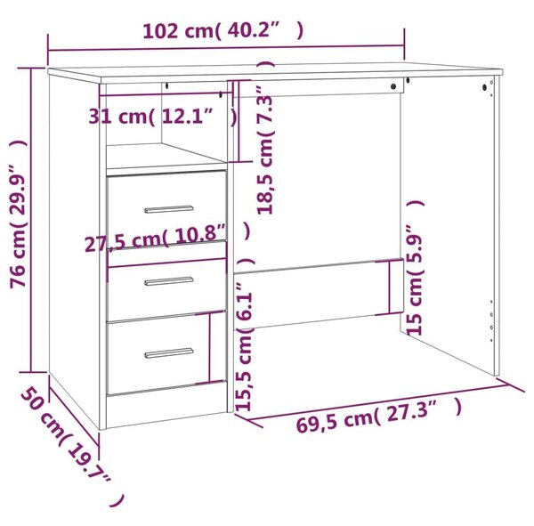 VidaXL Fekete Íróasztal Fiókokkal - 102x50x76 cm
