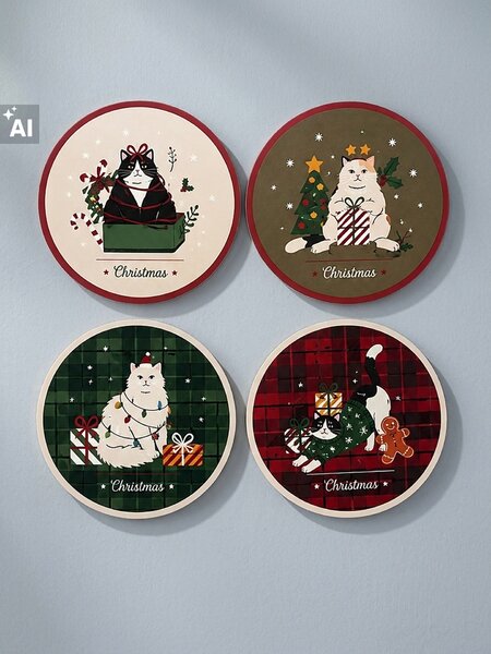 Sinsay - Karácsonyi poháralátétek macskákkal 4 pack - piros