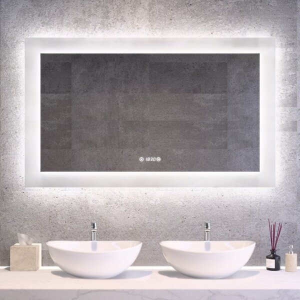 120x80cm fekvő fürdőszobai LED tükör dupla mosdóhoz | Páramentesítő - Beépített óra - Fényerő és színhőmérséklet szabályozás | Welland Luxury-Line Kath