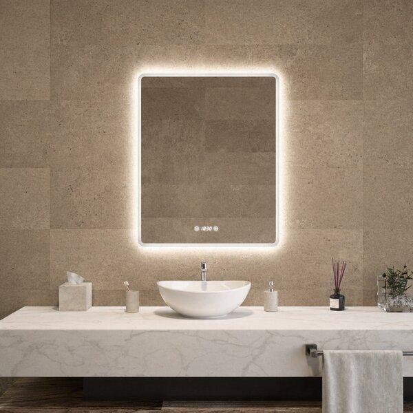 Álló fürdőszobai LED tükör 70x90cm | Páramentesítő - Óra - Fényerő és színhőmérséklet szabályozás | Welland Kath