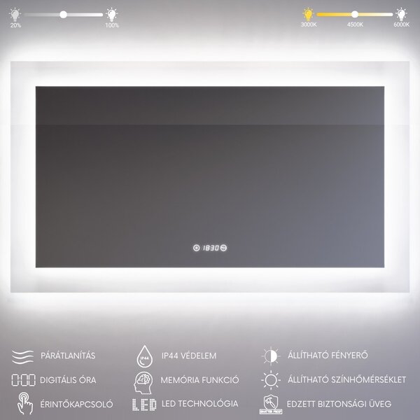 120x80cm fekvő fürdőszobai LED tükör dupla mosdóhoz | Páramentesítő - Beépített óra - Fényerő és színhőmérséklet szabályozás | Welland Luxury-Line Kath