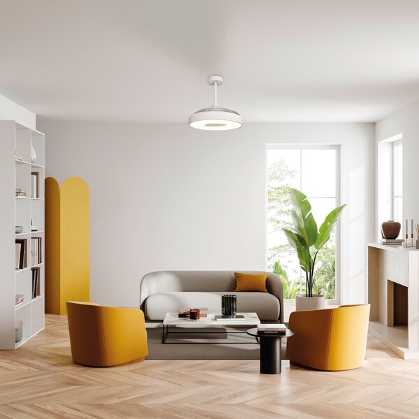 Coin LED mennyezeti ventilátor, fehér, csendes DC-meghajtás, CCT – Mantra Mantra Iluminación, Coin, dimmable, Fehér, Nappali, Műanyag, Modern