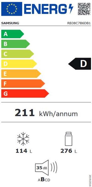 Samsung RB38C7B6DB1/EF Bespoke Alulfagyasztós hűtőszekrény, 390L, M: 203 cm, SpaceMax™ technológia, WiFi, NoFrost, D energiaosztály, Fekete